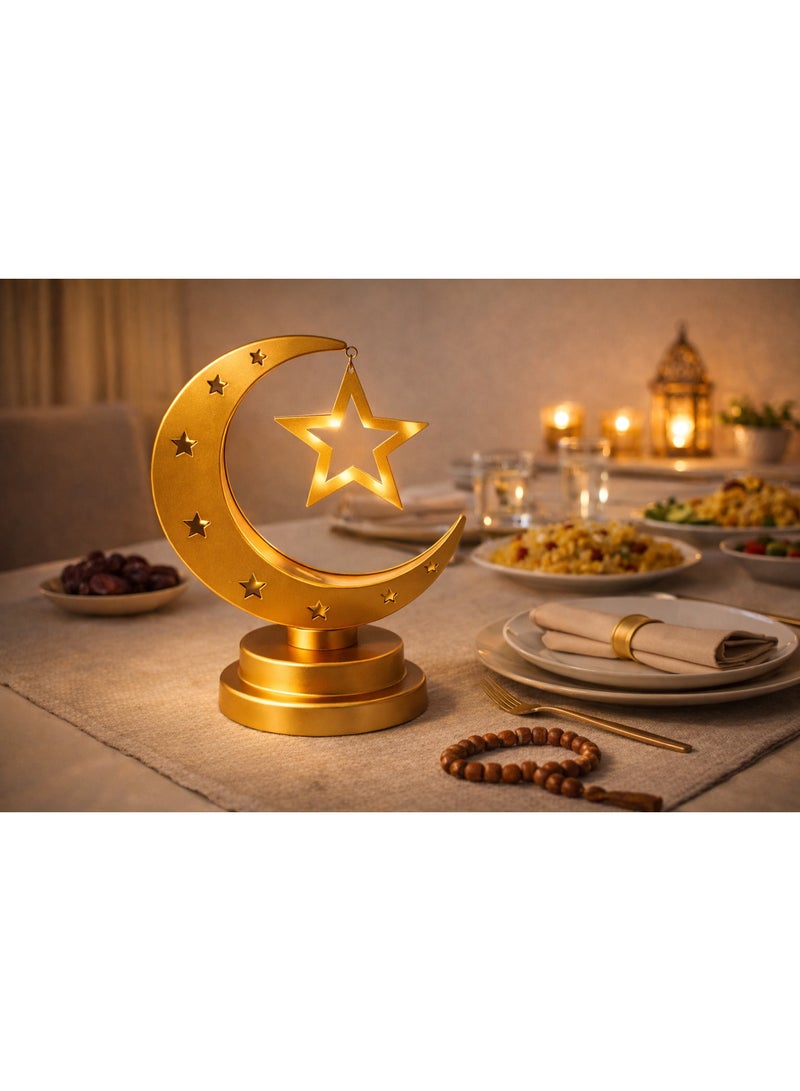 Home Care مصباح طاولة هلال ونجمة ذهبية معدنية مزخرفة لرمضان والعيد - Image 4